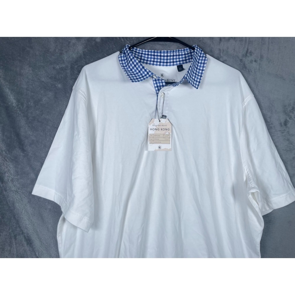 NWT Williams & Kent London Men's Cotton Polo Shirt White Blue Plaid Size XL